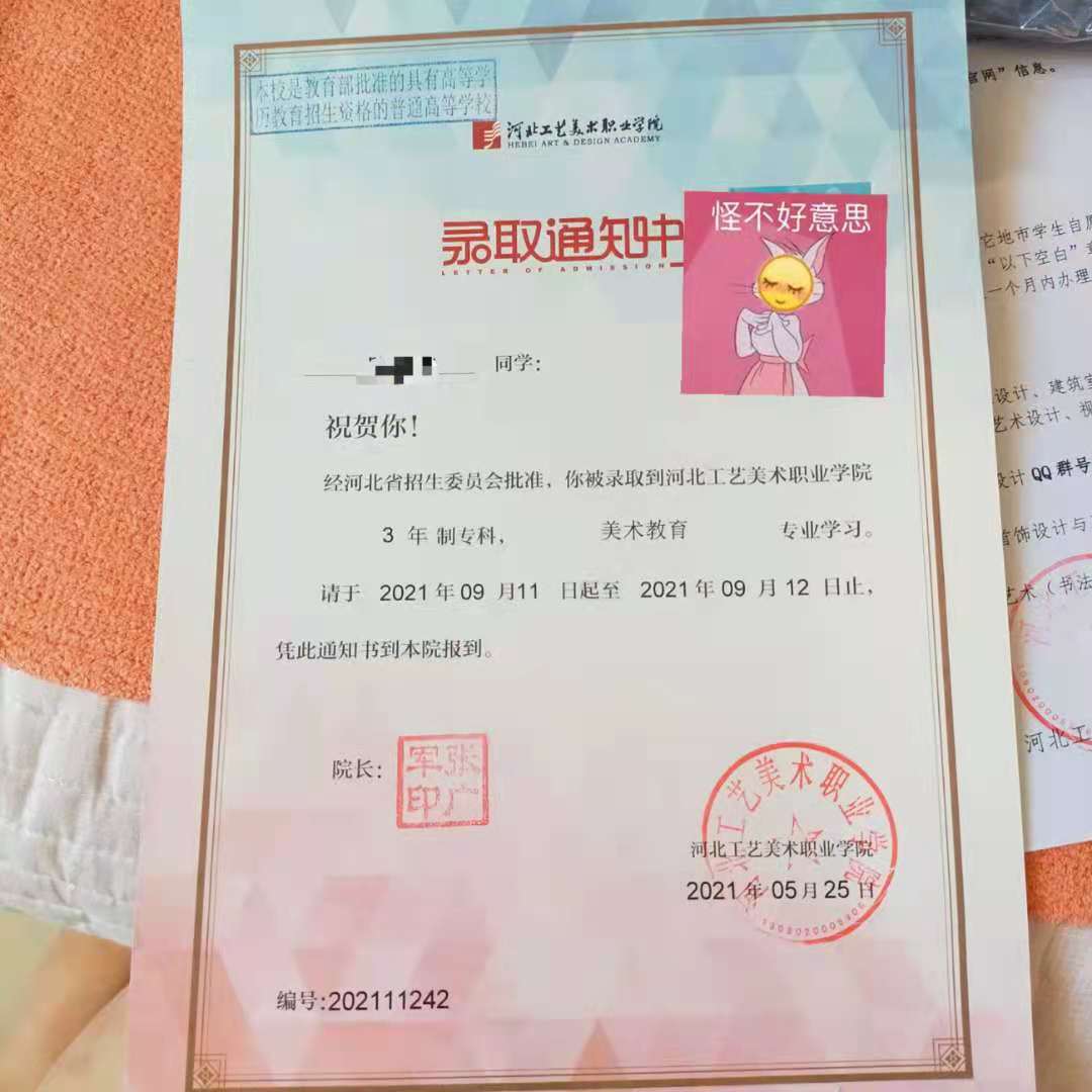 河北工艺美术职业学院2021年单招录取通知书 图4